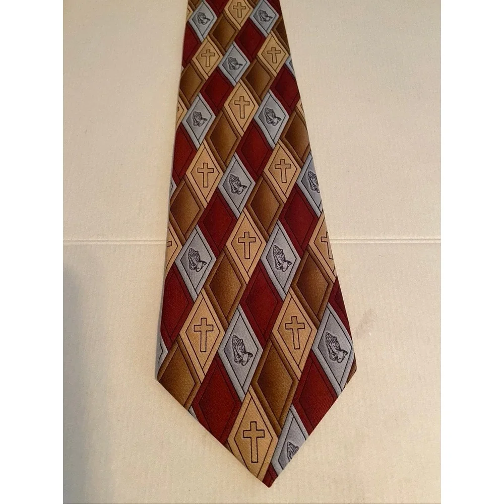 Eagles Wings Mens Religious Tie Cross Praying Hands Argyle Diamond Burgundy Gold